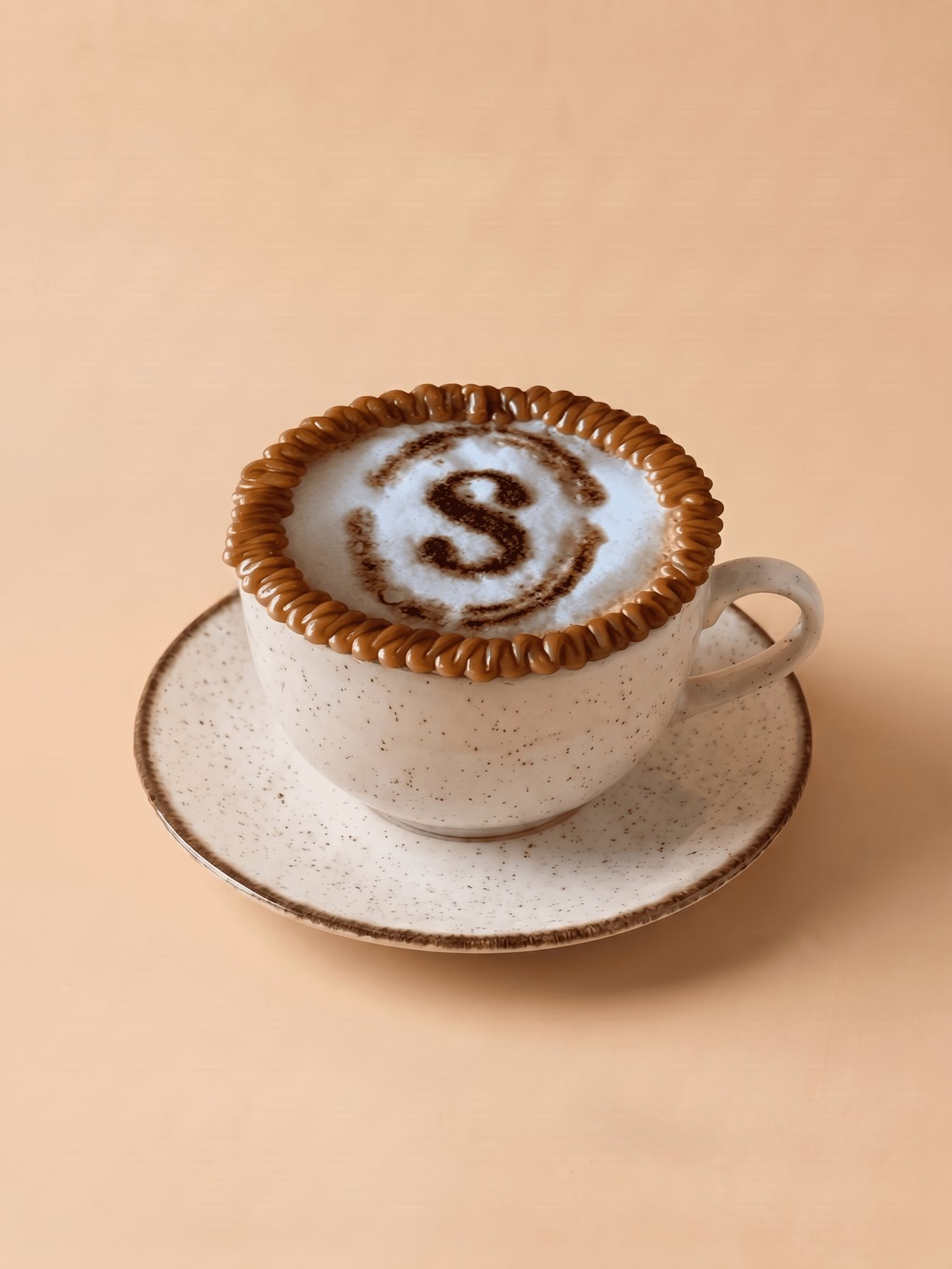 Café com leite da Sapore Moretti, arte em espuma com o símbolo da marca